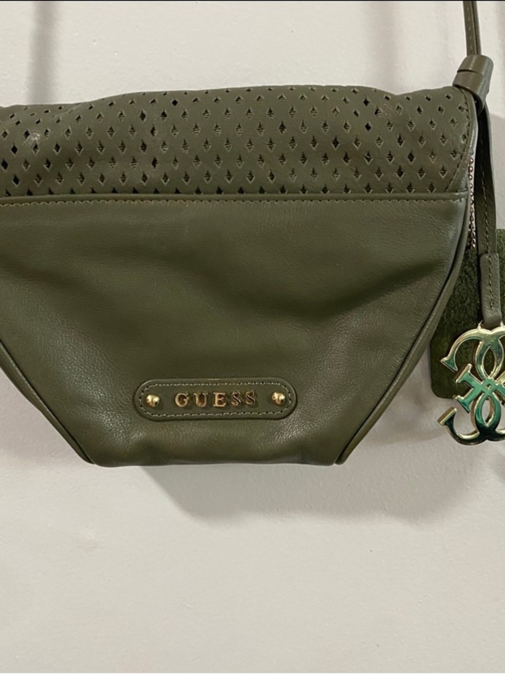 GUESS Olive Green Genuine Leather‎ Laser-Cut Crossbody Bag with Gold Hardwear